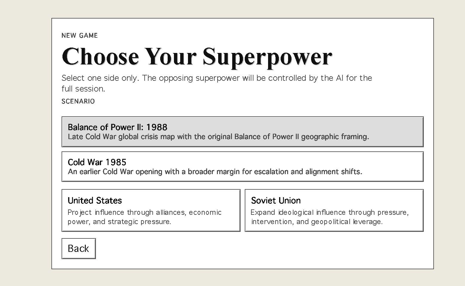 Balance of Power interface screenshot 2