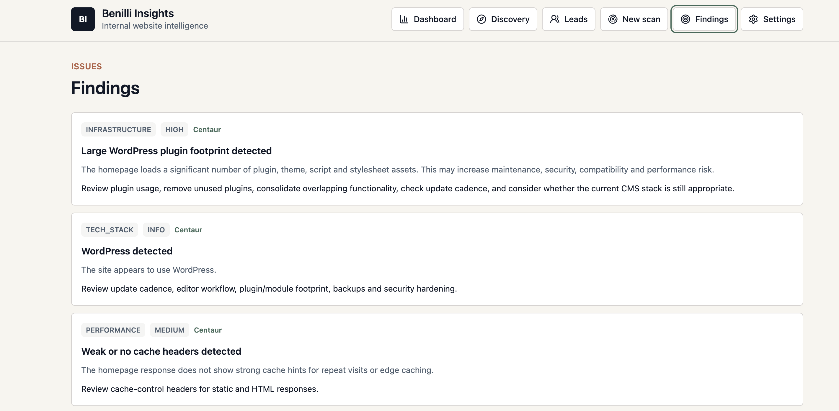 Benilli Insights interface screenshot 2
